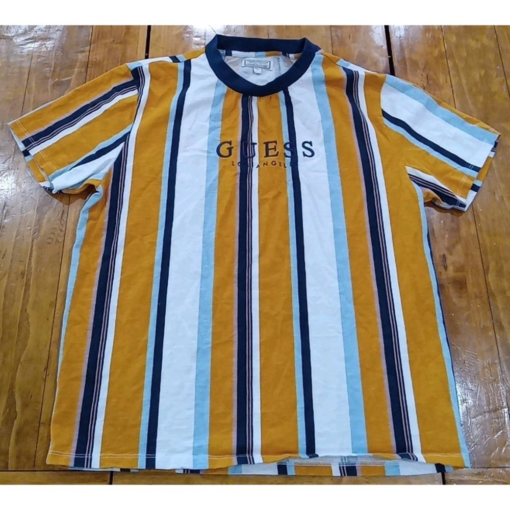 Guess Originals Striped Classic Embroidered Logo T-Shirt Blue Orange Size Large